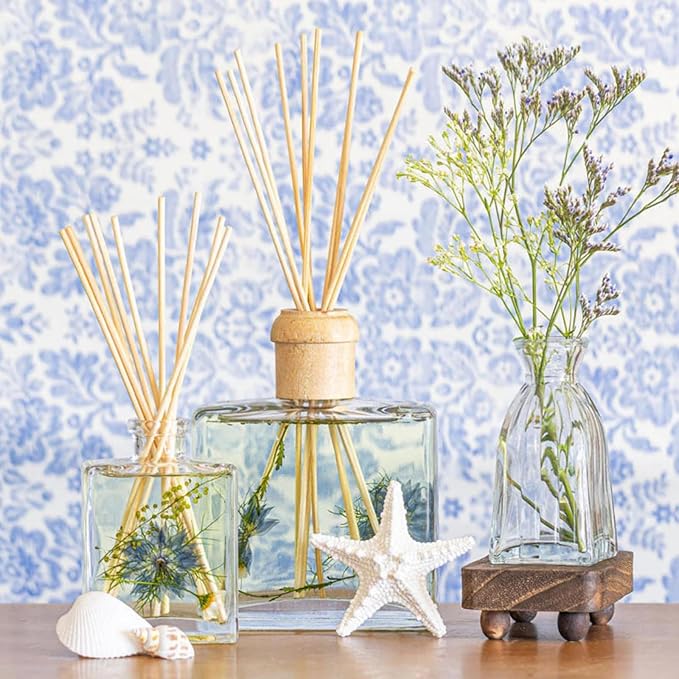 Rosy Rings Sea Salt Mist Signature Diffuser, Single Piece, 13 oz Lasts 9-12 Months Square Glass Reed with Floral Embedded Flowers Coastal Aroma, Bathroom Livingroom Spa Decor Luxury Gift