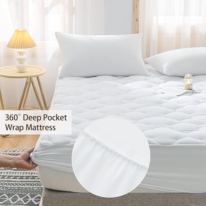 WhatsBedding Waterproof Mattress Pad King Cotton Top Down Alternative Filling Pillowtop Mattress Topper Cover-Fitted Quilted (Waterproof King Size Mattress Pad)