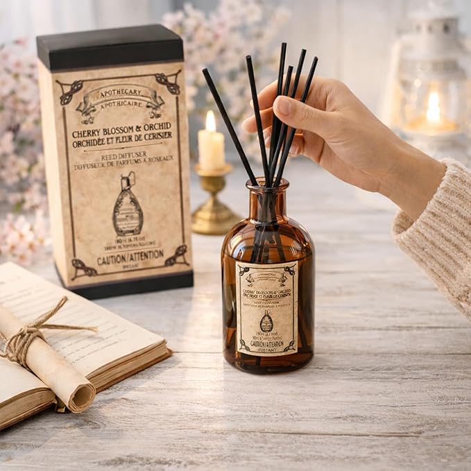 Hosley Reed Diffuser Set, 6.1 oz Cherry Blossom & Orchid Scented Diffuser with Sticks Home Fragrance Reed Diffuser for Bathroom Shelf Decor for Weddings, Spa, Reiki, Meditation & Wedding Gift