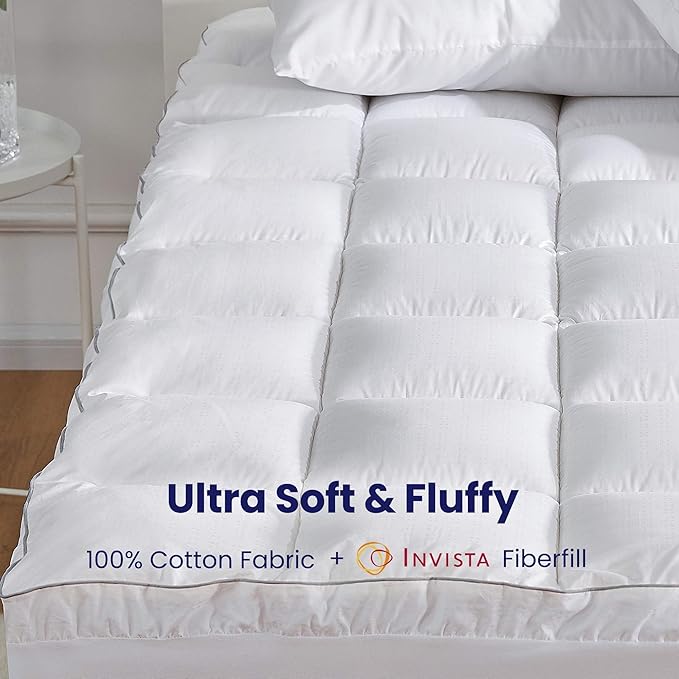 SLEEP ZONE Queen Cotton Mattress Topper, Ultra Fluffy Soft Mattress Pad Pillowtop Cooling Mattress Cover Fits 8-21 inch Deep Pocket, White