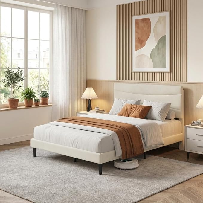 IDEALHOUSE Queen Size Upholstered Platform Bed Frame with Ergonomic Headboard, Beige Soft Fabric, Heavy Duty Wooden Slats, Noise-Free, 6.3" Underbed Storage, No Box Spring Needed, Easy Assembly