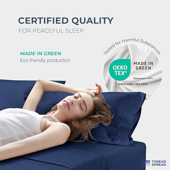 THREAD SPREAD 100% Egyptian Cotton King Size Sheets Set - Luxury 1500 Series Egyptian Cotton Sheets King Size (4 PC, Navy Blue), Silky Soft, Sateen Weave, Cooling & Breathable, 17" Deep Pocket Bed Set