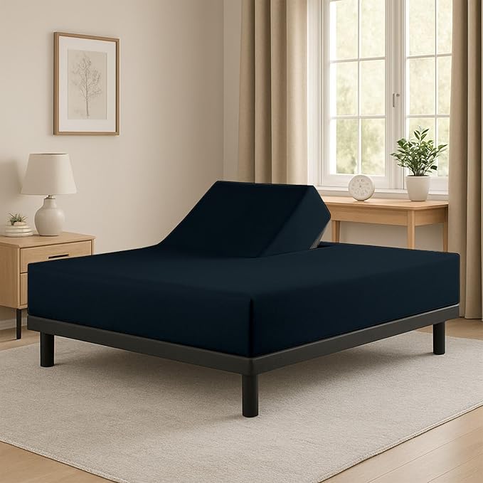 Cottingon 1 Piece Top Split King Fitted Sheet Only for Adjustable beds, Premium 100% Egyptian Cotton, 34 Inches Half Split Flex Head Bottom Sheet for Sleep Number Beds 16" Deep Mattress, Navy Blue