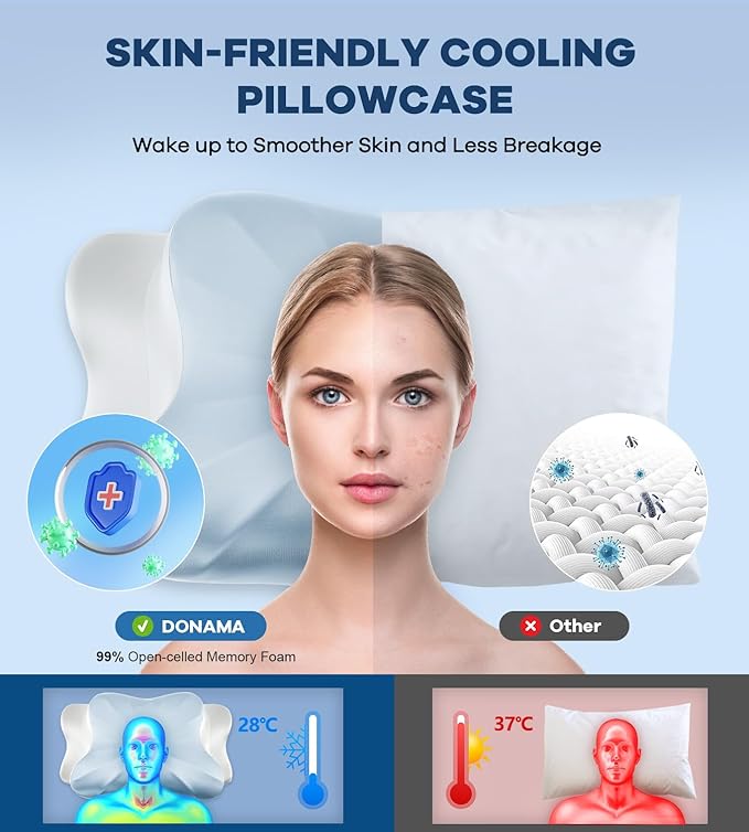 DONAMA Cervical Pillow for Neck and Shoulder Pain Relief, Cooling Contour Memory Foam Pillow, Dual-Height Ergonomic Neck Support Pillow for Side Back Stomach Sleepers with Removable Pillowcase