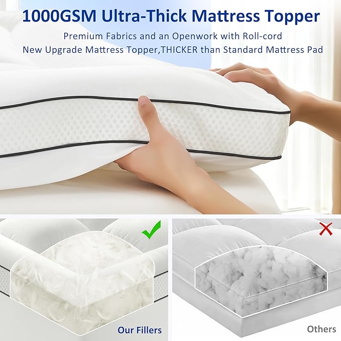 Full Size Mattress Topper for Back Pain, Extra Thick Pillow Top Mattress Pad with 1000GSM Down Alternative Filling, Cooling Breathable Plush Bed Topper Protector Cover (8-21" Deep Pocket)