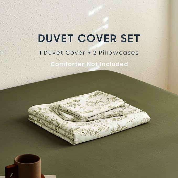 Wake In Cloud - Floral Duvet Cover Set, Botanical Vintage Flower Coquette Cottagecore Aesthetic for Women Teen Girls, Soft Lightweight Bedding, 3-Piece, Olive Green, Full Size