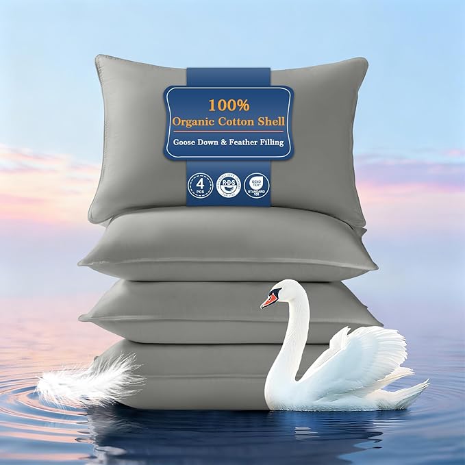 Goose Down Pillows Standard Size Set of 4, Hotel Quality Bed Pillow for Sleeping 4 Pack, 900 Fill Power Natural White Goose Feather Pillows with 700 TC 100% Organic Cotton Shell, 18"x26" Dark Grey