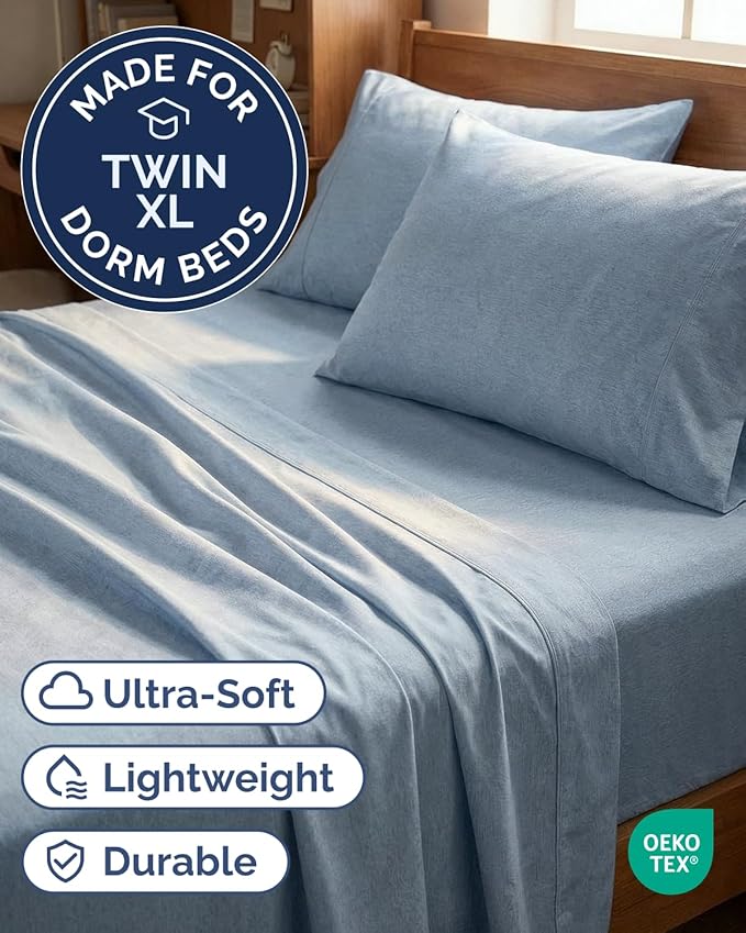 Twin XL 4 Piece Sheet Set - Comfy, Breathable & Cooling - Soft Hotel Luxury Bedding for Women, Men, Kids, Teens & Children - 1 Flat & 1 Fitted Sheet & 2 Pillowcases w/ Deep Pockets - Heathered Blue