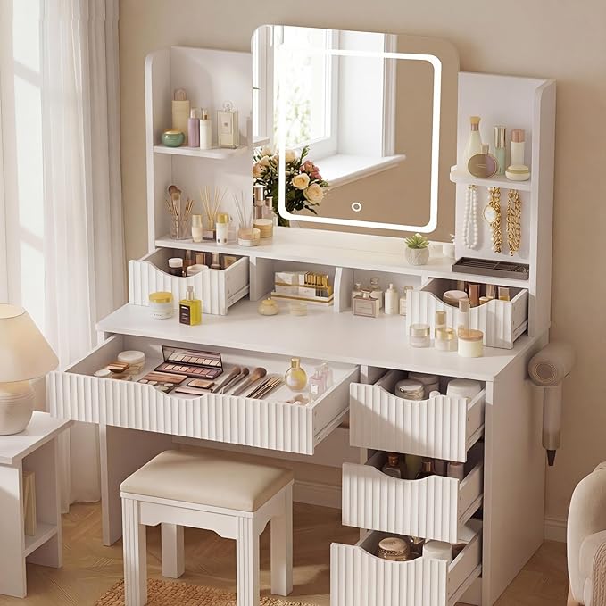 Vanity Desk with Mirror and Lights, Makeup Vanity Table with Large 6 Drawers Modern Fluted Wooden Dressing Table with Jewelry Hook 3 Color Modes Adjustable LED Mirror for Women Girls Bedroom or Dorm