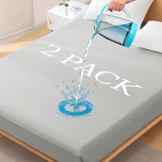2 Pack Twin Premium Waterproof Mattress Protector, Soft Breathable Mattress Pad, Noiseless Waterproof Bed Cover - Stretch to 21" Fitted Deep Pocket Mattress Protection Cover - Light Grey
