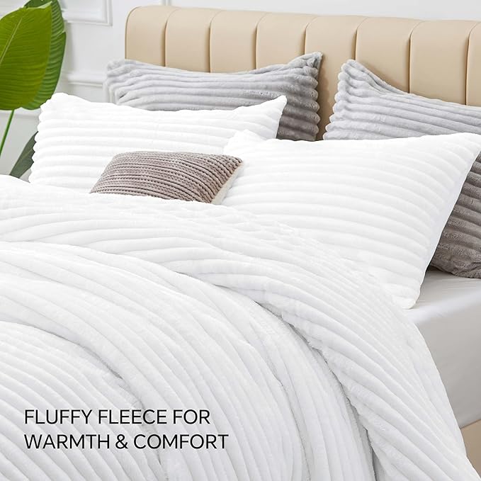 BEDELITE Fleece King Comforter Set -Super Soft & Warm Fluffy Bright White Bedding, Luxury Fuzzy Heavy Bed Set for Winter with 2 Pillow Cases