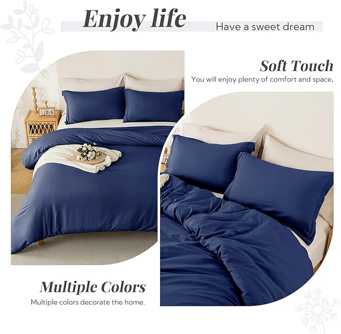 MILDLY Super Soft Duvet Cover - 100% Washed Microfiber Navy Blue Comforter Cover Set 3 Pieces with Zipper Closure & Corner Ties (No Comforter)
