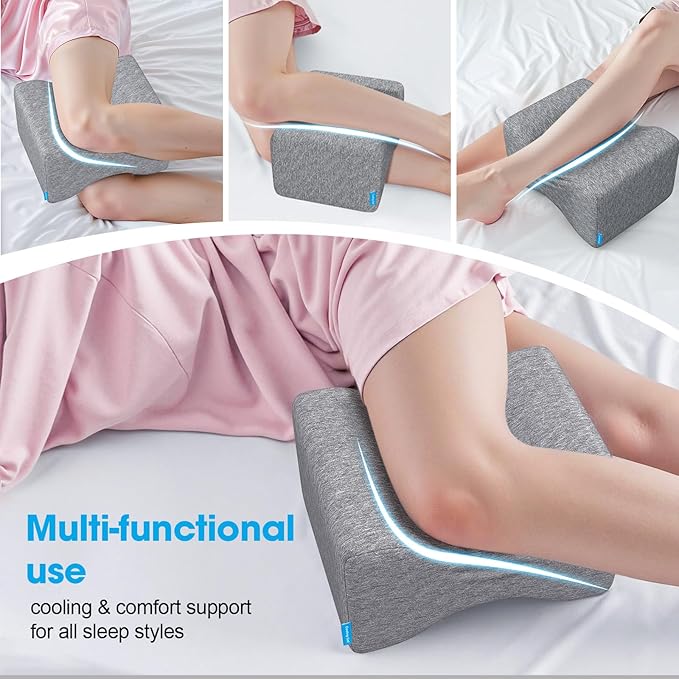 Knee Pillow for Side Sleepers with Cooling Gel, Memory Foam Elevation Pillow for Spine Aligning, Sciatica, Back, Hip, Knee, Ankle Pain, Grey/Plus