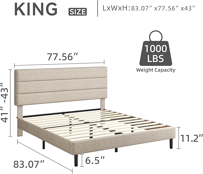 King Platform Bed Frame with Adjustable Linen Fabric Upholstered Headboard, Strong Slats Support, Noise-Free, No Box Spring Required, Easy Assembly for Bedroom Guest Room, Beige
