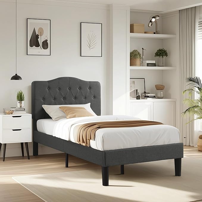 VECELO Twin Size Platform Bed Frame with Fabric Upholstered Headboard and Wooden Slats Support, No Box Spring Needed/Easy Assembly,Dark Grey