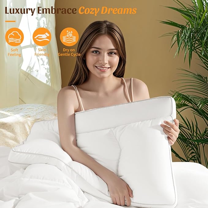 Goose Down Pillow Queen Size Set of 2, 1250+ Fill Power, 600 Thread Count Cotton Shell, for Side, Back(White,Queen(Pack of 1))
