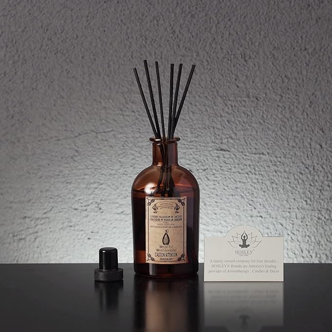 Hosley Reed Diffuser Set, 6.1 oz Cherry Blossom & Orchid Scented Diffuser with Sticks Home Fragrance Reed Diffuser for Bathroom Shelf Decor for Weddings, Spa, Reiki, Meditation & Wedding Gift