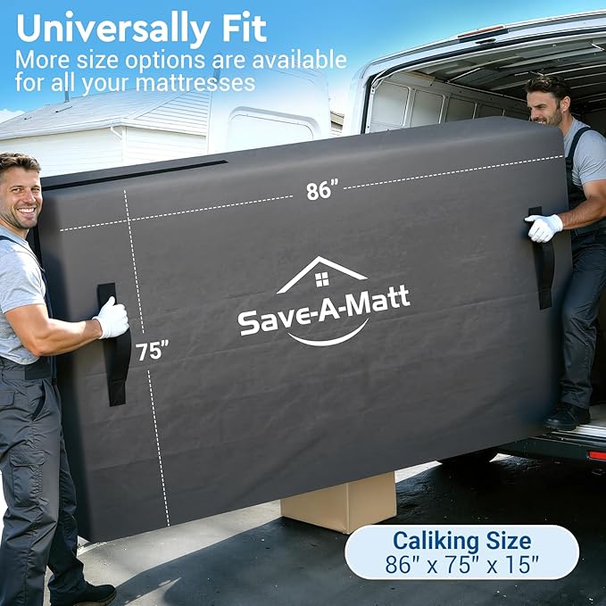 SaveAMatt Mattress Bags for Moving and Storage, Mattress Protector Cover with 4 Heavy-Duty Handles & Strong Zipper, Extra Thick Reusable Mattress Moving Supplies, Caliking Size, Gray
