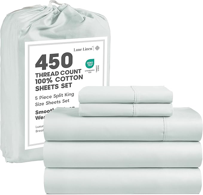 LANE LINEN 100% Cotton 450 Thread Count Split King Sheet Set for Adjustable Beds, Sateen Weave Hotel Quality, Fully Elasticized Oeko Tex Certified Sustainably Produced Machine Washable - Charcoal