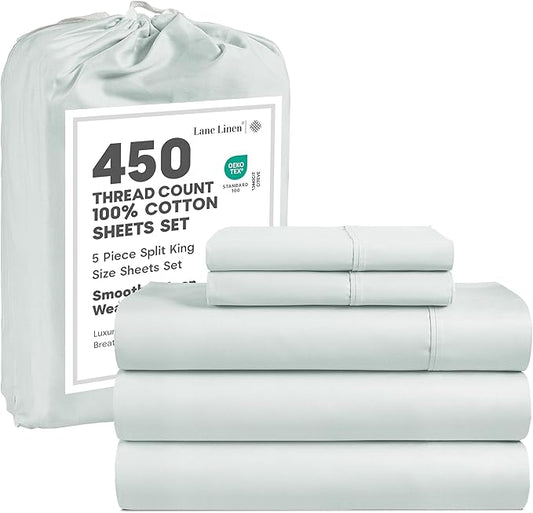 LANE LINEN 100% Cotton 450 Thread Count Split King Sheet Set for Adjustable Beds, Sateen Weave Hotel Quality, Fully Elasticized Oeko Tex Certified Sustainably Produced Machine Washable - Charcoal