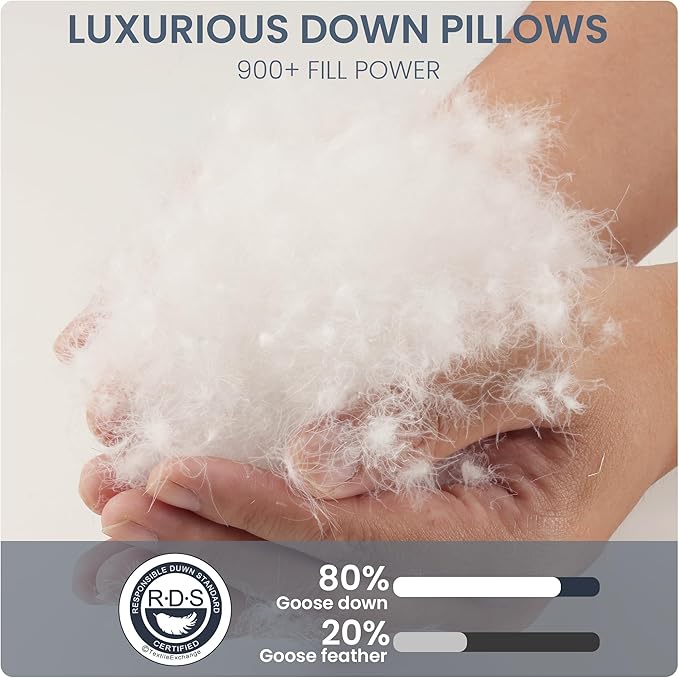 White Goose Down Pillow, Feather and Down Hotel Pillows with 100% Cotton Shell for Side and Back Sleepers, Soft Down Pillows for Neck Support, All Season Bed Pillow