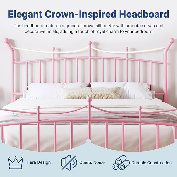 Allewie 14 Inches King Size Metal Platform Bed Frame with Elegant Crown Iron-Art Headboard & Footboard, Sturdy Mattress Foundation with Under-Bed Storage, Easy Assembly, No Box Spring Needed, Pink