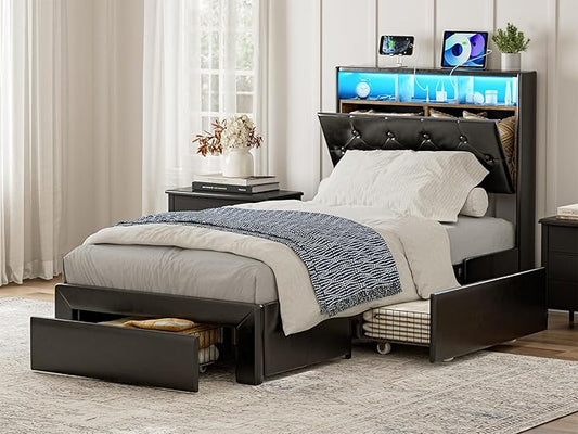 Twin XL Bed Frames with Storage Drawers, Hidden Storage Headboard with LED Lights & Charging Station, Upholstered Twin XL Platform Bed, No Box Spring Needed, Noise-Free, Black