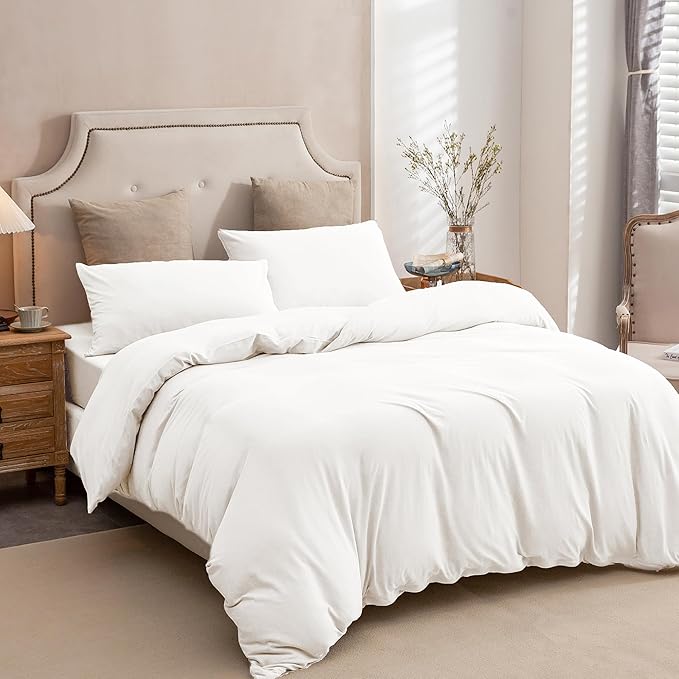 PURE ERA Jersey Knit Duvet Cover Set 100% T-Shirt Cotton Super Soft Comfy 3pc Bedding Set with Zipper Closure (Solid Bright White, Queen)