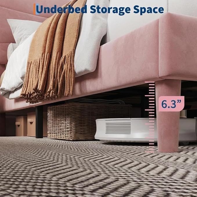 IDEALHOUSE Queen Size Upholstered Platform Bed Frame with Ergonomic Headboard, Beige Soft Fabric, Heavy Duty Wooden Slats, Noise-Free, 6.3" Underbed Storage, No Box Spring Needed, Easy Assembly