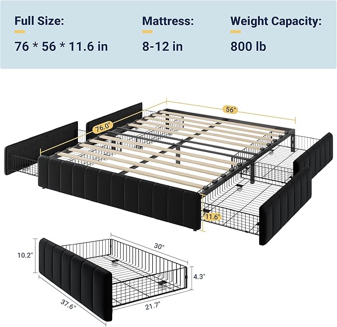 Allewie Full Size Platform Bed Frame with 4 Large Storage Drawers, Velvet Vertical Channel Tufted Upholstered Bed Base, Wooden Slats Support, Noise-Free, No Box Spring Needed, Easy Assembly, Black