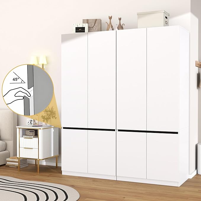 White Armoire Wardrobe Closet: 74" Wooden Wardrobe Closet with 4 Doors, Bedroom Armoires with Hanging Rod, Tall Closets Cabinet for Hanging Clothes (63")