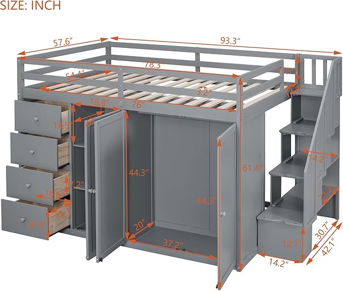 LUMISOL Full Size Loft Bed with Built-in Wardrobes and Drawers, Wood Loft Bed with Storage Stairs and Cabinet, Wood Loft Bed with Multiple Storage, Gray