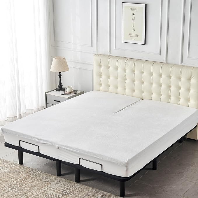Kingnex 28-30" from Head Waterproof Partial Split Top King Mattress Protector for Adjustable Bed with Upper Flex Soft Noiseless Bamboo Viscose Terry Fitted Mattress Cover