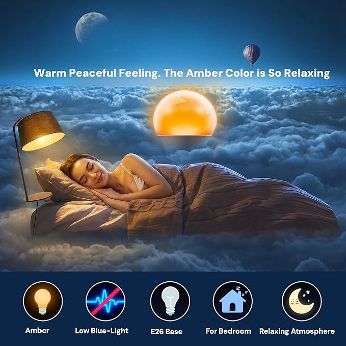 L LOHAS LED Sleep aid Amber Light Bulbs, Blue Light Blocking, A19 9W(60 Watt Equivalent) Dim Light Bulbs, 1800K Warm Light Bulb, E26 Base, 2 Pack