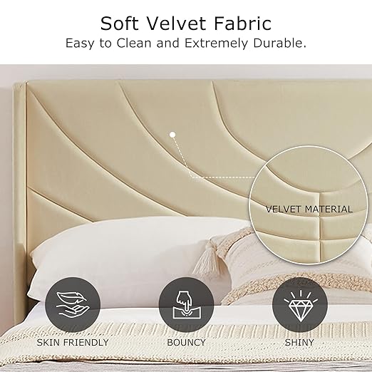 VECELO Upholstered Platform Queen Bed Frame with Fabric Headboard,Wooden Slats Support/No Box Spring Needed/Mattress Foundation,Beige