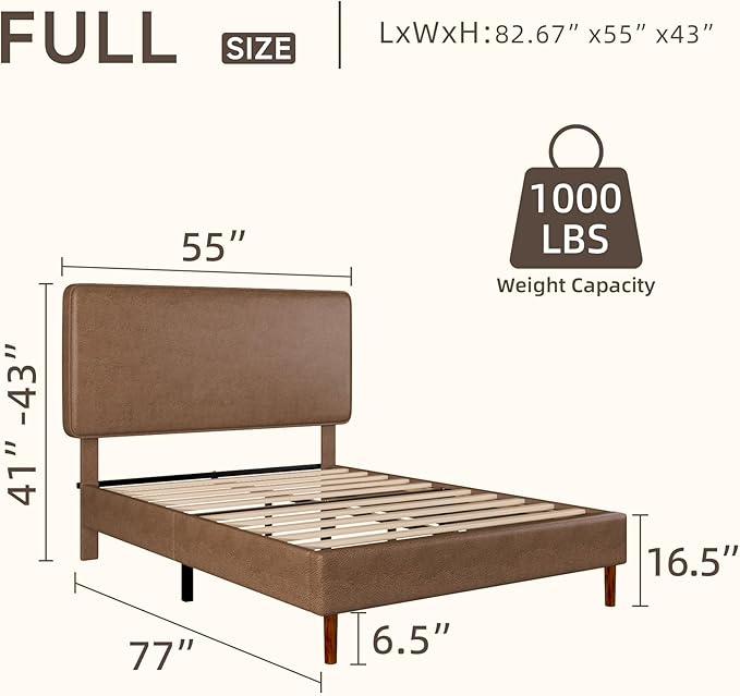 Full Size Leather Platform Bed Frame with Adjustable Upholstered Headboard, Solid Wooden Legs, No Box Spring Needed, Easy Assembly, Noise Free, Brown