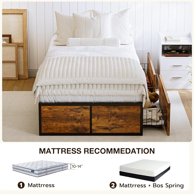 GAZHOME Twin XL Bed Frame with 2 XL Storage Drawers, Metal Platform Bed Frame with Footboard, 9 Strong Metal Slat Support/No Box Spring Needed/Easy Assembly/Space Saving Wood