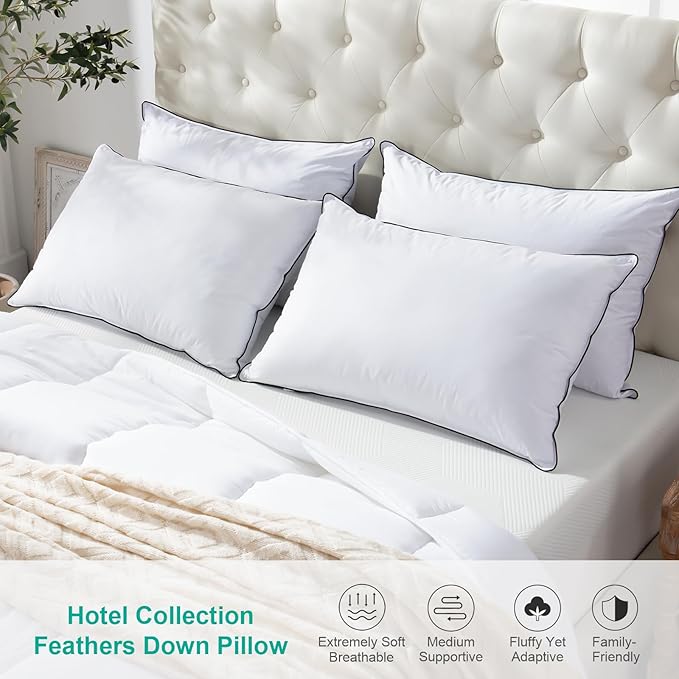 APSMILE Luxury Goose Feathers Pillow for Sleeping, Medium Firm Feather Down Pillows King Size Set of 2, Organic Cotton Cover Hotel Collection Bed Pillows for Side Sleeper (White, 20"x36")
