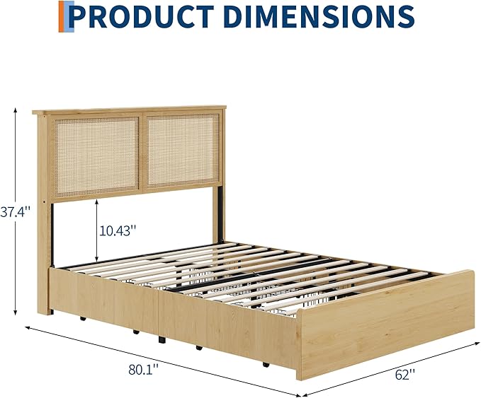 GAOMON Queen Size Rattan Bed Frame with 4 Storage Drawer, Boho Style Rattan Bed with LED Light & Natural Headboard, Sturdy Wooden Slats Support, No Box Spring Needed