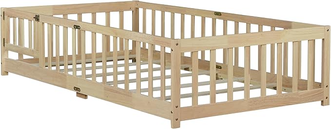 Bellemave Twin Floor Bed with Slats and Door, Twin Size Montessori Floor Bed with Fence and Door, Easy Assemble Montessori Beds Frame for Girls, Boys, Natural