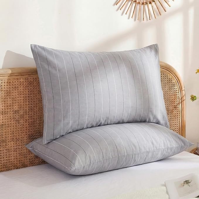 Merryword Gray Striped Pillowcases, 100% Cotton Pillow Cases, Queen Size Pillowcases, Luxury Linen Like Pillowcase, Soft Breathable Pinstripe Pillow Covers, Set of 2