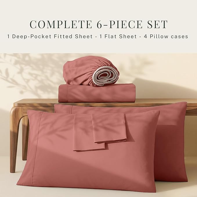 Hearth & Harbor Extra Deep Pocket King Size Sets - Fits Mattress 18-24 Inches Deep - Extra Deep Pocket Sheets - 6 Piece King Size - Misty Rose