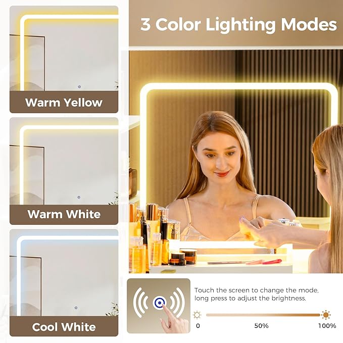 COMHOMA Makeup Vanity Desk with Mirror and Lights, Large Vanity Table with 6 Drawers & 1 Storage Cabinet, White Bedroom Dressing Table for Girls, 3 Color Modes Adjustable Mirror, White