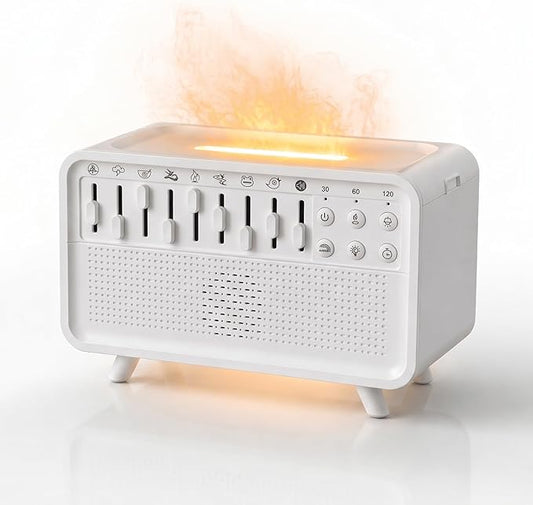 White Noise Machine with 8 Mixable Nature Sounds, Flame Light & Aroma Diffuser – Desktop Sound Machine for Sleep, Office, Yoga & Meditation, with Timer, Bluetooth & USB Power