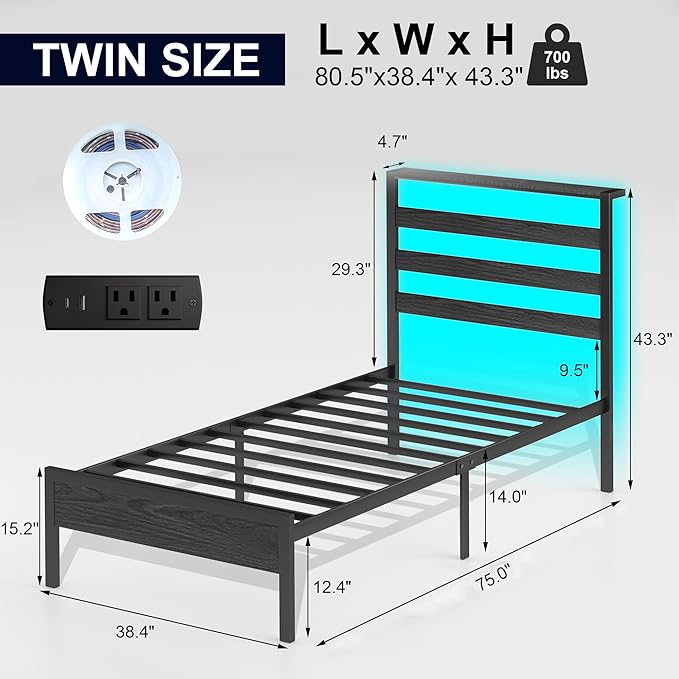 J.Fkne Twin Bed Frame with Headboard, Platform Bed with LED & Charging Station, Heavy Duty Metal Slats, No Box Spring Needed, Noise Free, Easy Assembly, Black