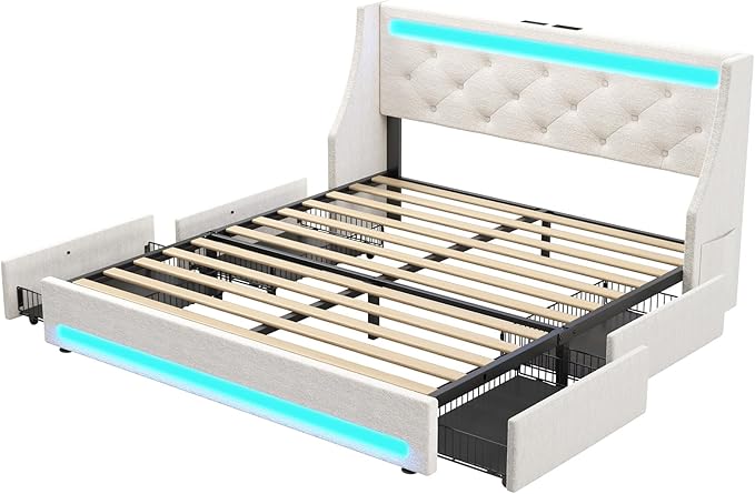 Rolanstar Full Bed Frame with LED Lights and Charging Station, Upholstered Bed with Drawers, Wooden Slats, Noise Free, Easy Assembly, Beige