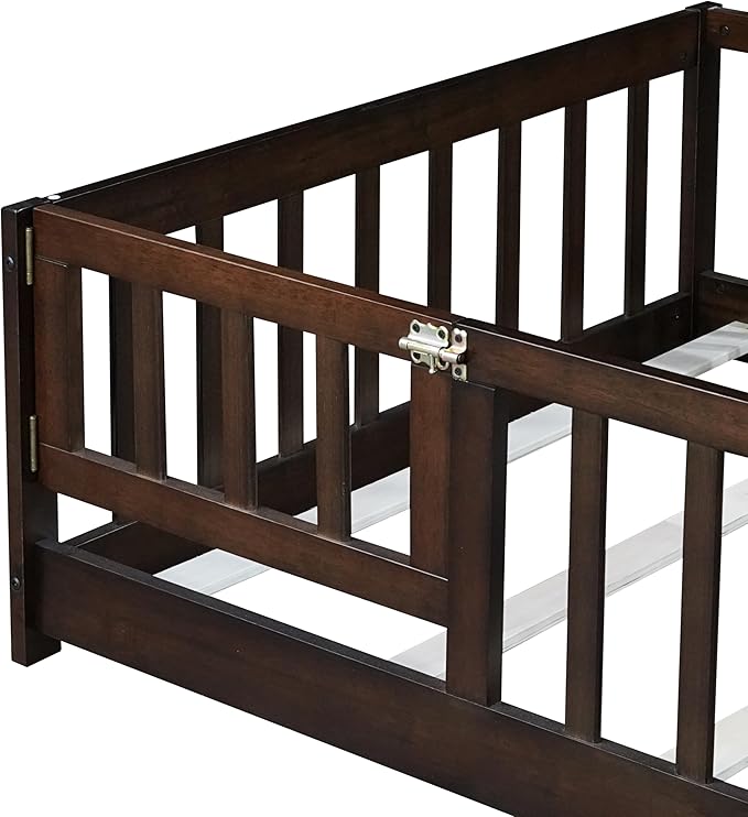 Bellemave Montessori Twin Floor Bed Frame with Fence and Removable Door, Low Profile Twin Size Montessori Bed Frame for Kids, Solid Wooden Floor Beds with Slats for Bedroom,Nursery, Espresso