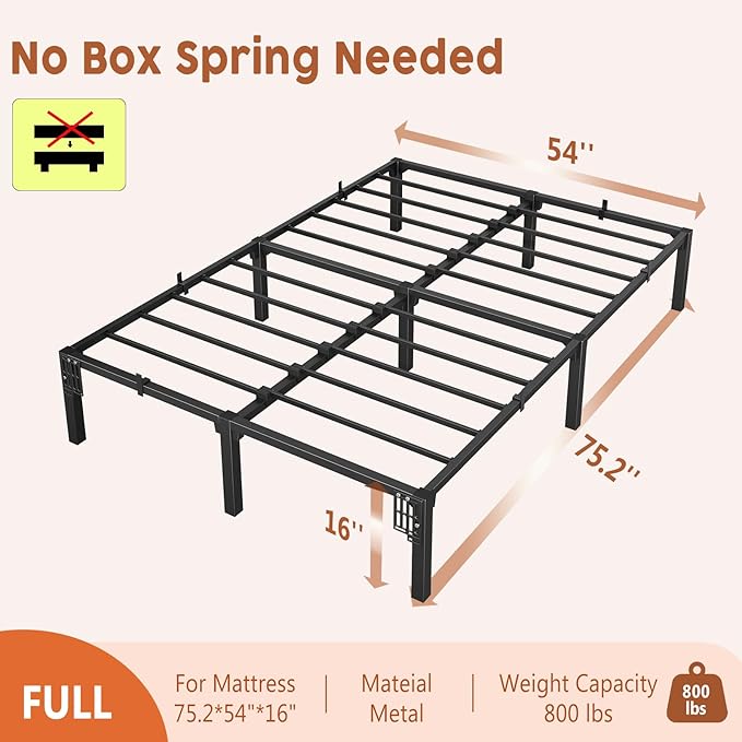 16 Inch Full Metal Bed Frame, Heavy Duty Metal Platform Bed Frame with Reinforced Slats Support, 800 Lbs Load Capacity, Noise Free, No Box Spring Needed and Screws , Tool-Free Assembly Bed Frame