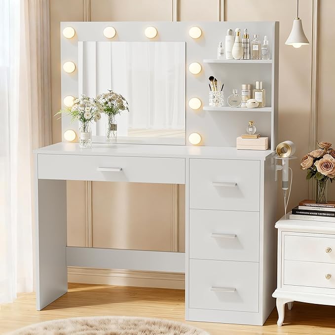 YESHOMY Vanity Desk with Mirror, 10 Lights, Power Outlet and 3 Storage Shelves, Makeup Table with 4 Drawers, 3 Color Modes, for Bedroom, Pure White