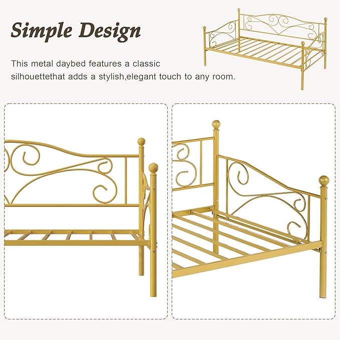 VECELO Daybed Frame, Twin Size Metal Platform Bed with Headboard,Heavy Duty Steel Slats Support for Living Room Bedroom Guest Room, Easy Assembly